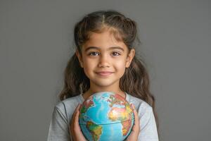 A young girl of South Asian descent holds a globe, symbolizing curiosity and connection to the world. photo