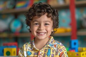 A cheerful mixed-race boy with curly hair smiles brightly in a colorful playroom filled with toys. photo