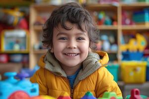 A cheerful young boy of Hispanic descent smiles brightly while playing with colorful toys indoors. photo