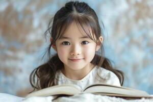 A smiling young girl with dark hair sits with an open book, radiating joy and curiosity against a soft, blurred background. photo
