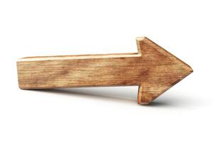 A rustic wooden arrow pointing right, showcasing natural grain and texture against a clean, white background. photo