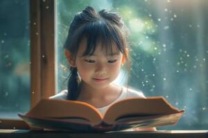 A young Asian girl reading a colorful book by the window, bathed in soft, natural light. photo