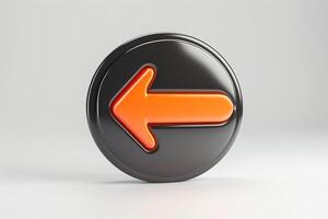 A bold, black circular button featuring a prominent orange left arrow, symbolizing direction and navigation. photo