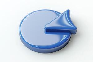 A glossy blue 3D icon featuring a circular shape with a triangular arrow pointing left, symbolizing navigation or return. photo