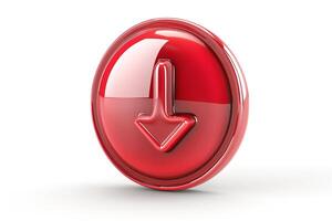 A glossy red download button with a downward arrow symbolizing digital actions and downloads. photo