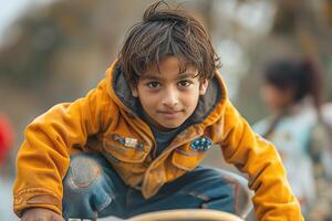 A young South Asian boy playfully crouches, showcasing his adventurous spirit with a charming smile. photo
