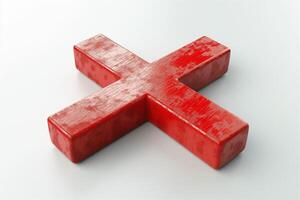 A striking red 3D cross standing atop a clean white surface, symbolizing boldness and clarity. photo