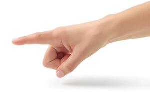 A close-up of a female hand pointing with a delicate gesture, showcasing elegant fingers against a neutral background. photo