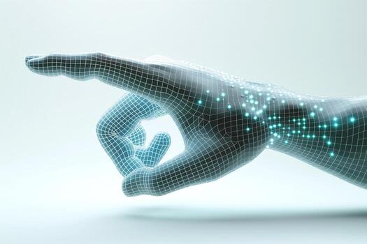 A digitally rendered hand pointing, featuring a mesh grid and glowing particles, symbolizing technology and innovation. photo