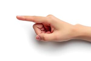 A close-up of a human hand pointing with a slender index finger, set against a minimalistic white background. photo