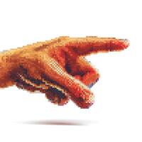 Close-up of a pixelated hand pointing, emphasizing digital art and technology aesthetics. photo