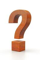 A large wooden question mark symbol, signifying curiosity and inquiry, set against a clean white background. photo