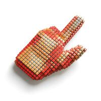Colorful 3D hand gesture made from a mosaic of small, square tiles in shades of red, orange, and blue. photo