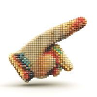 A pixelated hand pointing right, created with colorful blocks for a modern artistic feel. photo
