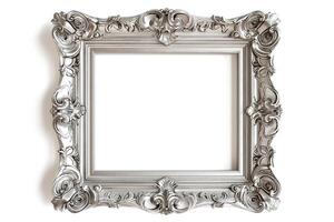 An ornate silver picture frame, featuring intricate floral patterns and a classic design, perfect for showcasing art. photo