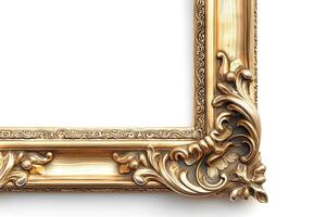 An ornate golden picture frame featuring intricate floral designs, perfect for displaying a cherished memory. photo