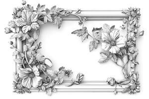 An intricately designed floral frame featuring elegant blossoms and delicate leaves, perfect for showcasing artwork or photographs. photo