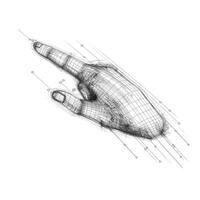 A detailed wireframe illustration of a human hand pointing, suggesting technology and innovation. photo
