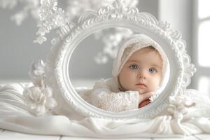 Captivating baby girl with blue eyes, dressed in lace, framed in a vintage ornate frame against a soft backdrop. photo