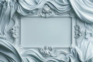 Elegant light blue ornate frame with folds of silk draping around it, creating a luxurious and sophisticated atmosphere. photo