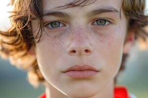 Close-up portrait of a young Caucasian boy with freckled skin and intense green eyes, showcasing soft, wavy hair and a thoughtful expression. photo