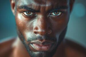 Intense close-up portrait of a young Black man showcasing striking features and expressive eyes. photo