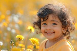 A joyful South Asian girl with curly hair smiles brightly in a vibrant yellow flower field. photo