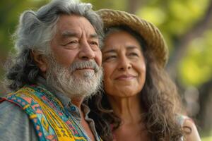 A joyful Hispanic couple, an older man with a gray beard and an older woman, embracing in a sunlit outdoor setting. photo