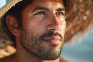 Thoughtful young man with brown eyes and a beard, wearing a straw hat, gazes into the distance against a serene backdrop. photo