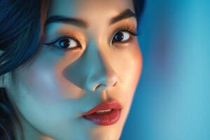 Close-up of an Asian woman with glowing skin and captivating eyes, captured in soft blue and warm tones. photo