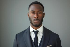 Confident young Black man in a tailored suit, showcasing modern elegance and style against a neutral backdrop. photo