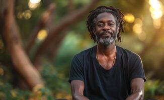 A serene middle-aged Black man with a beard sits outdoors, exuding confidence against a warm, softly blurred background. photo