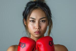 Confident Asian woman with a fierce expression, wearing red boxing gloves, ready to take on any challenge. photo