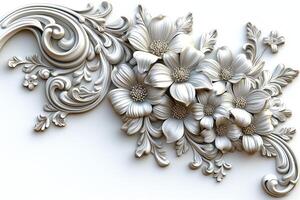 Elegant white floral relief featuring beautifully detailed flowers and intricate swirling designs. photo