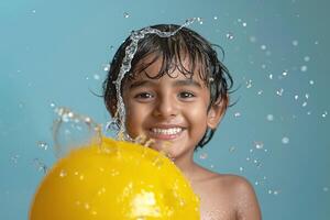 Joyful young boy with dark skin, splashing water while playing with a bright yellow ball, creating a delightful and playful atmosphere. photo