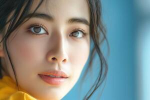 A beautiful young Asian woman with captivating features, wearing a vibrant yellow top, exuding a serene and confident expression. photo
