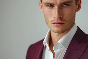 A close-up portrait of a confident Caucasian male in a tailored maroon suit and crisp white shirt, exuding sophistication. photo