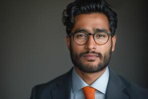 Confident South Asian businessman with glasses in a dark suit and vibrant orange tie, exuding professionalism and charisma. photo