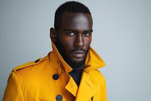 A confident Black man in a bright yellow trench coat, exuding style and charisma against a neutral backdrop. photo