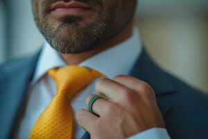 A close-up of a Middle-Eastern man adjusting his yellow tie, showcasing a stylish green ring, exuding confidence and sophistication. photo