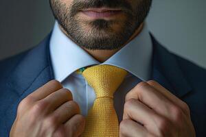 Close-up of a man adjusting a yellow tie, showcasing professionalism and attention to detail. photo