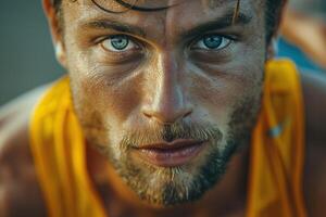 Close-up of a determined Caucasian male athlete with intense blue eyes, showcasing focus and strength in a bright yellow tank top. photo