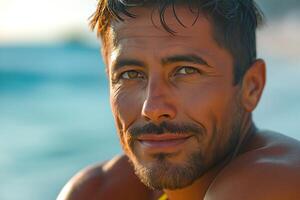 Close-up of a smiling Hispanic man with sun-kissed skin, sitting by the beach during golden hour. photo