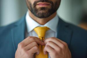 un bien arreglado Medio este hombre ajusta su amarillo atar, exhibiendo sofisticación y atención a detalle en un profesional ajuste. foto