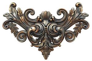 Intricate decorative metallic design showcasing elegant swirls and floral motifs in bronze and silver tones. photo