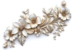 Elegant floral relief design featuring intricate blooms and leaves in soft beige tones. photo