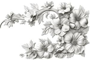Intricate black and white floral design featuring various blossoms and foliage, conveying elegance and sophistication. photo