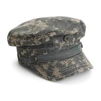 A military-style cap with a camouflage pattern, showcasing detailed stitching and a structured design. photo