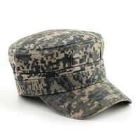 Camouflage military cap with a distinctive digital pattern, perfect for outdoor activities. photo