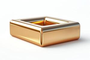 A shiny, metallic square box with a polished gold and silver finish, reflecting light elegantly from multiple angles. photo
